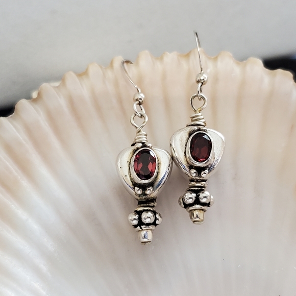 Jewelry - Vintage Oval Garnet Sterling Silver Drop Double-Sided Earrings Artisan 1.5”L
